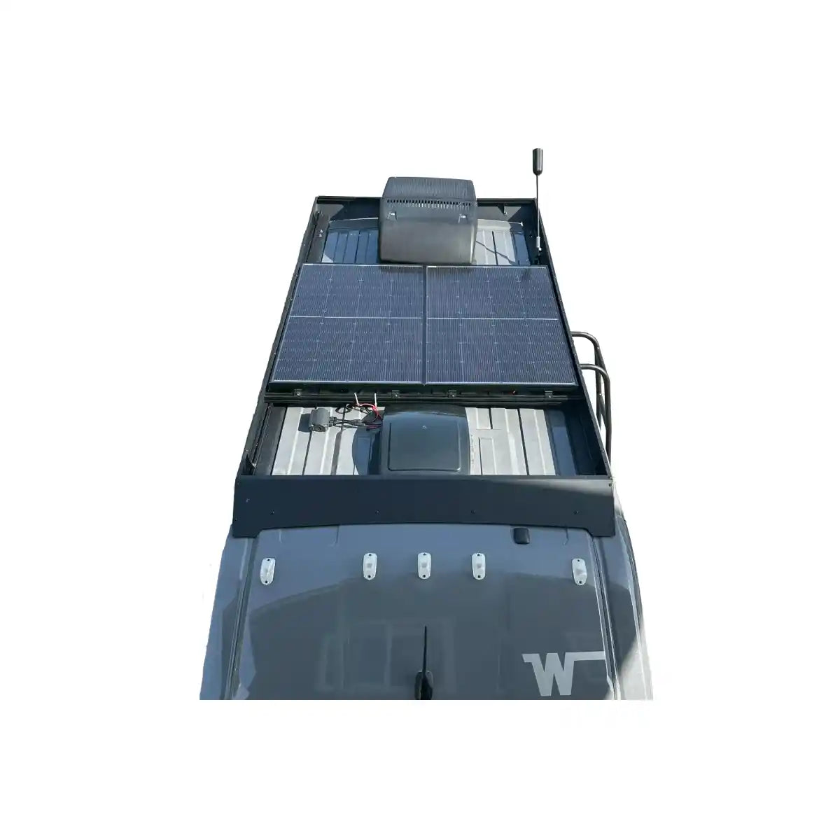 Solar panel system on roof rack in a white background