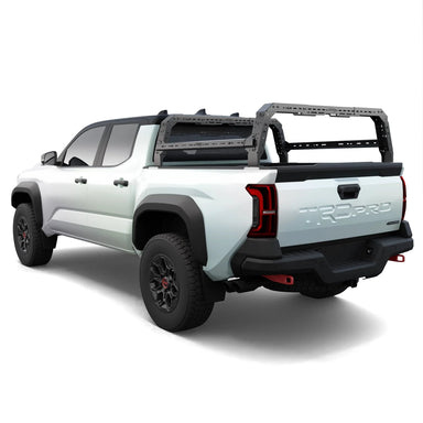White tacoma truck with a black bed rack on a white background