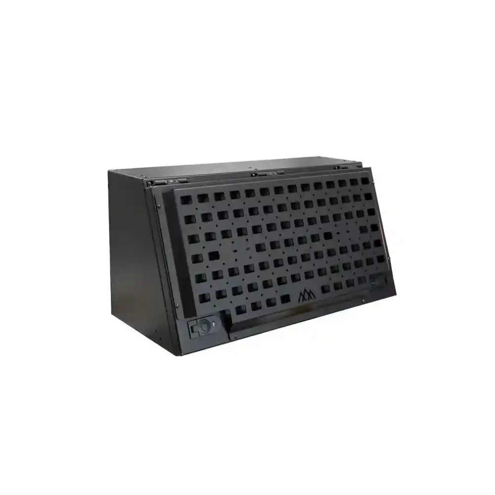 Black metal box with grid pattern on a white background