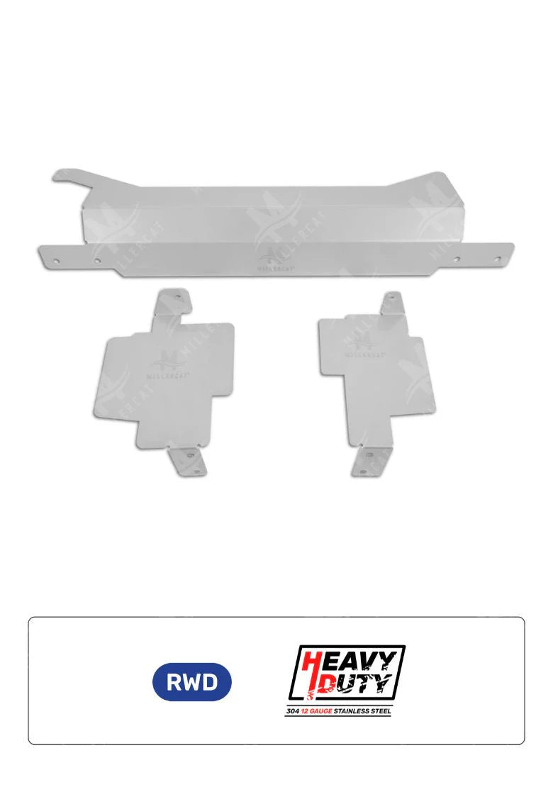 Set of metal CAT Shield parts with 'RWD' and 'Heavy Duty' branding on a white background.