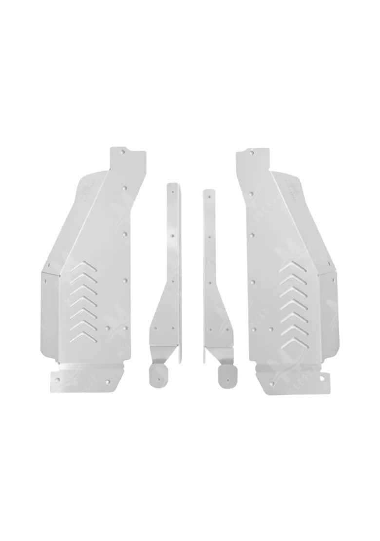 Set of white metal CAT brackets on a white background