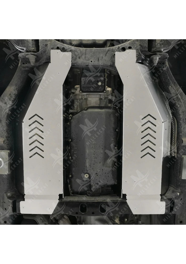 Underside view of tundra showing MILLERCAT Cat Shield installed