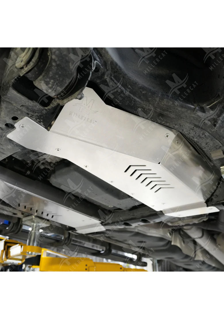 Angled view of installed MILLERCAT Cat Shield protecting catalytic converter