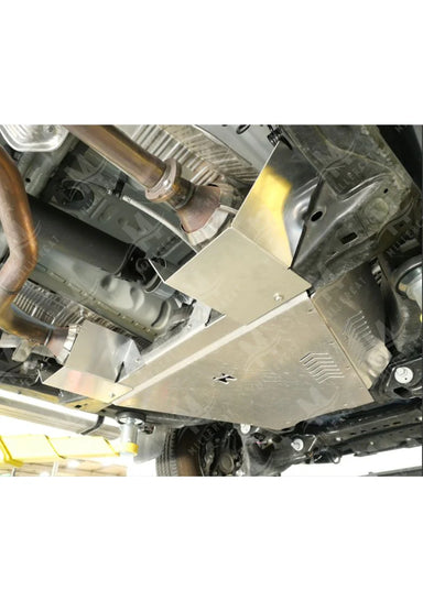 Angled view of installed MILLERCAT Cat Shield protecting catalytic converter with Add ons