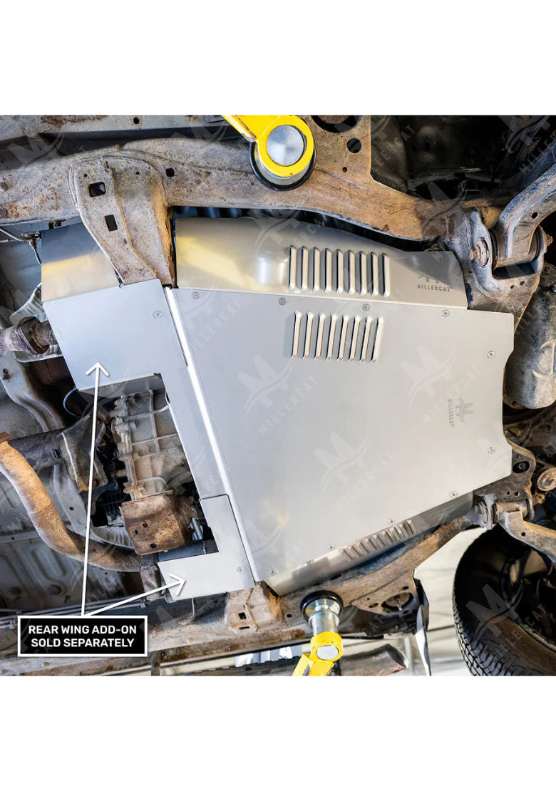 Angled view of installed MILLERCAT Cat Shield protecting catalytic converter