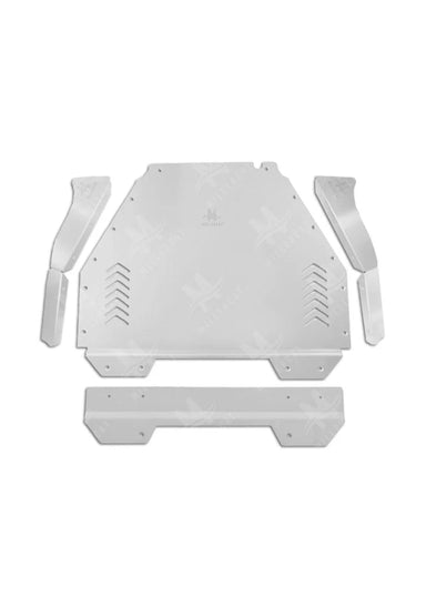 Millercat Cat Shield kit for 2023‑present Toyota Sequoia Hybrid laid out on a white background, showing aluminum shield panel, steel brackets, and mounting hardware.