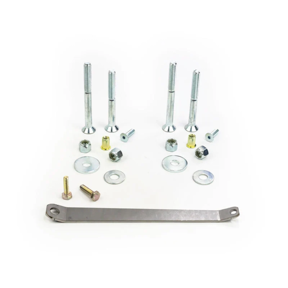 Set of metal bolts, washers, and a lever on a white background