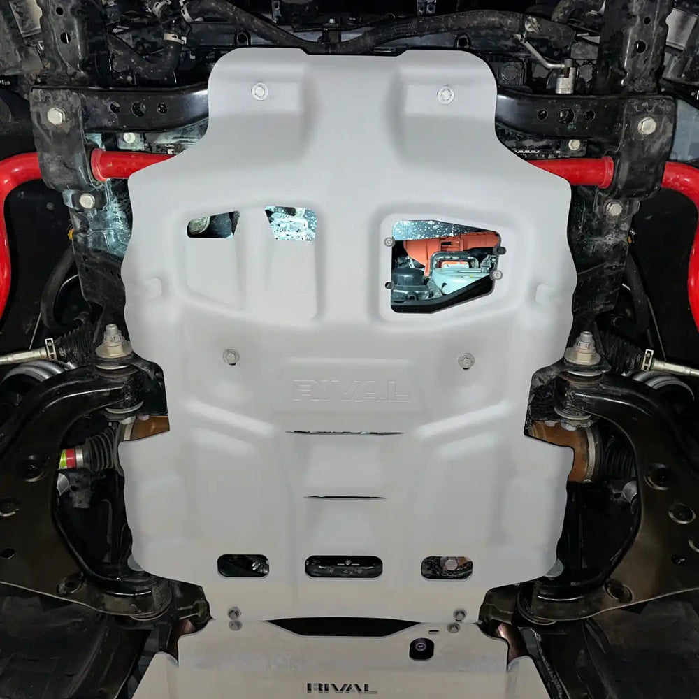 underbody view of the installed Tundra Skid plate